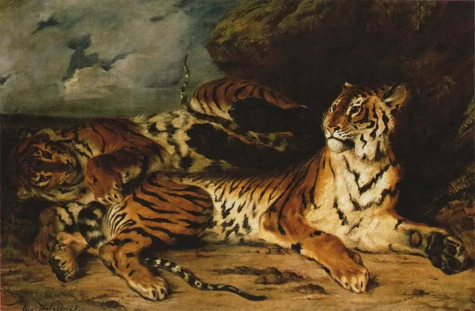 Jeune Tigre jouant avec sa mère - Eugène Delacroix image 2 copie peinte à la main à l’huile