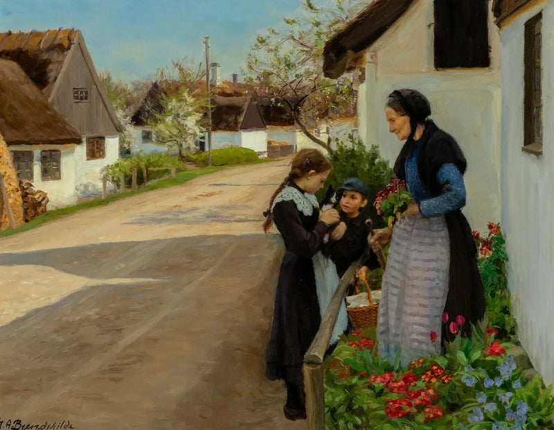 วันที่ฤดูใบไม้ผลิในหมู่บ้าน ลูกแมวถูกมอบให้คุณยาย - H. A. Brendekilde