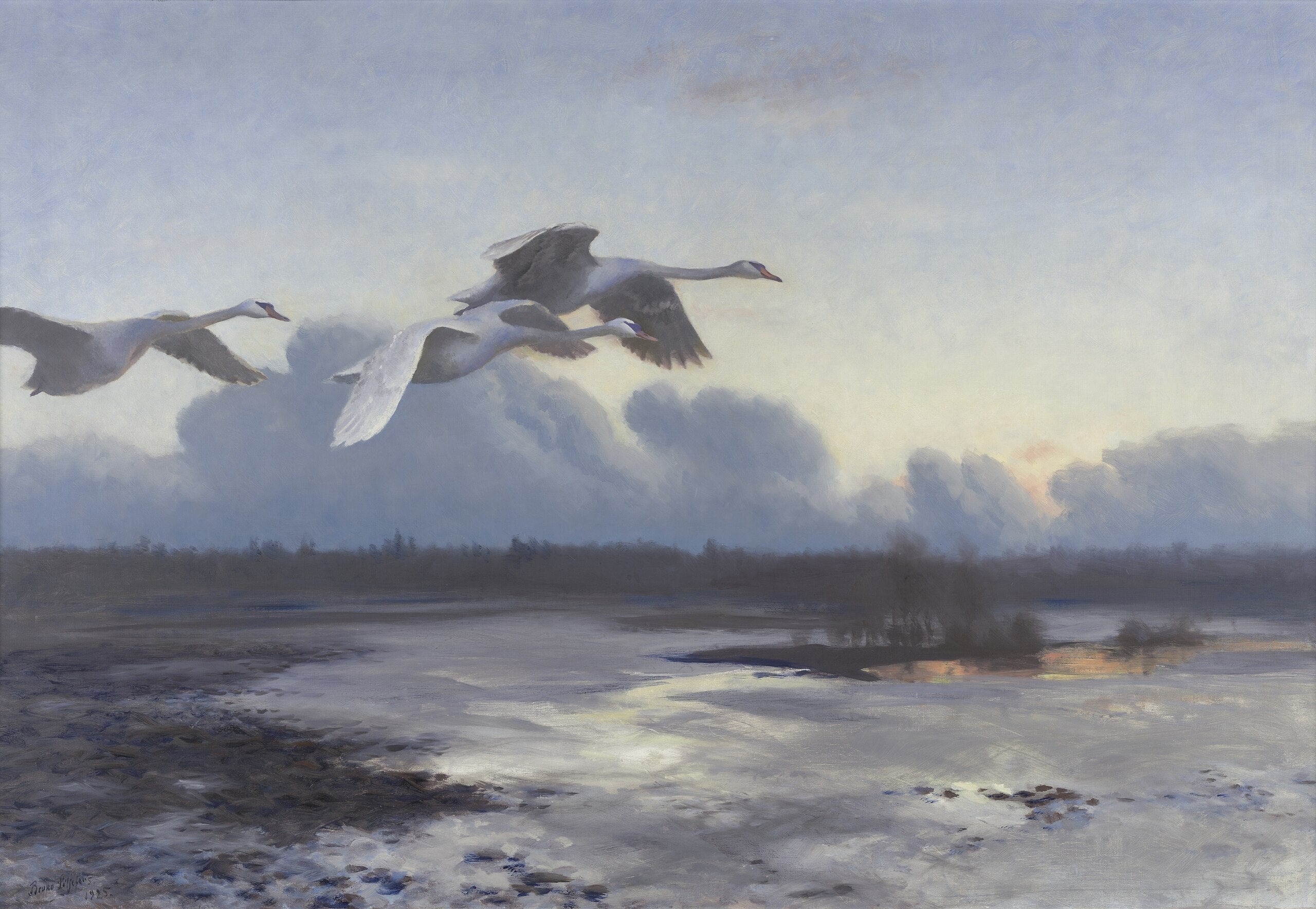 Knobbelzwanen op avondtrek - Bruno Liljefors image 1 copie de tableau peinte à la main