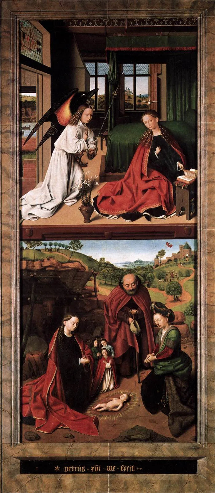 บูชาเด็กเยซู ; พื้นหลังเป็นประกาศข่าวแก่คนเลี้ยงแกะ - Petrus Christus