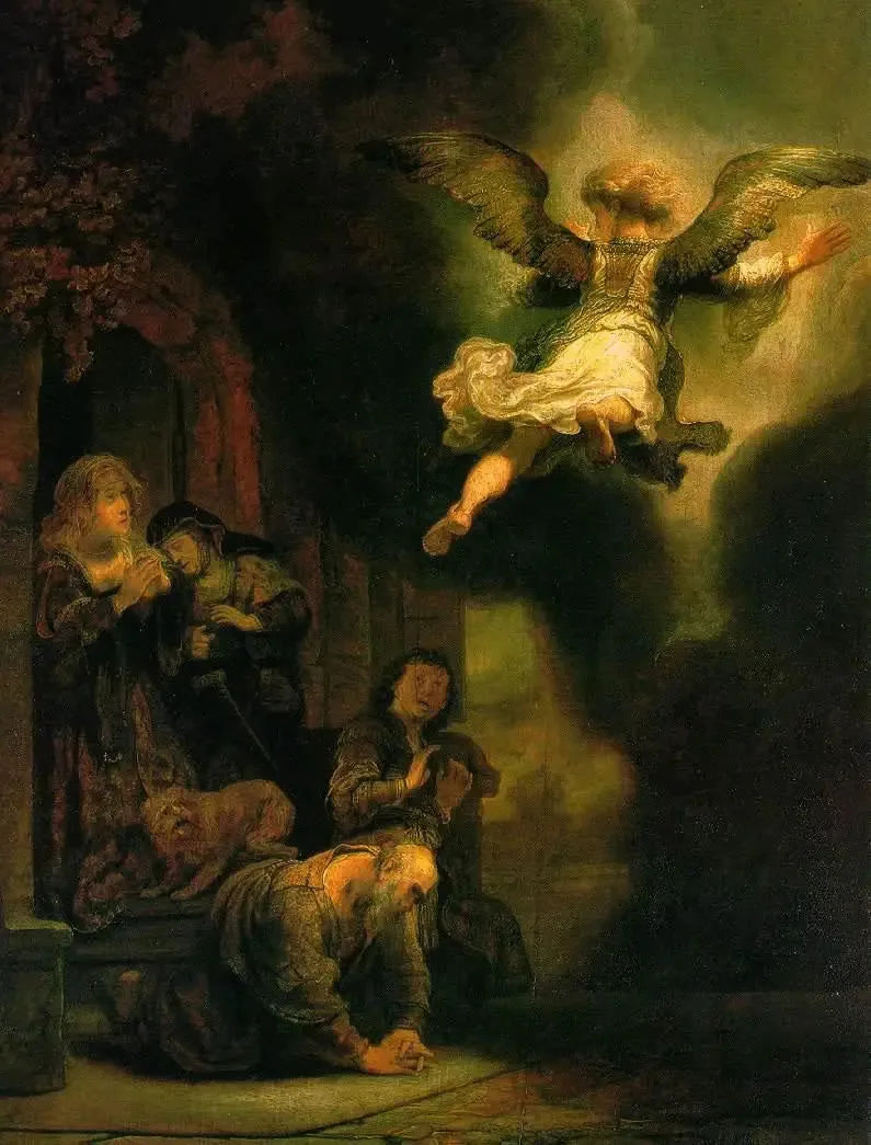 L'Archange Raphaël quittant la famille de Tobie - Rembrandt image 1 reproduction de peinture à l’huile
