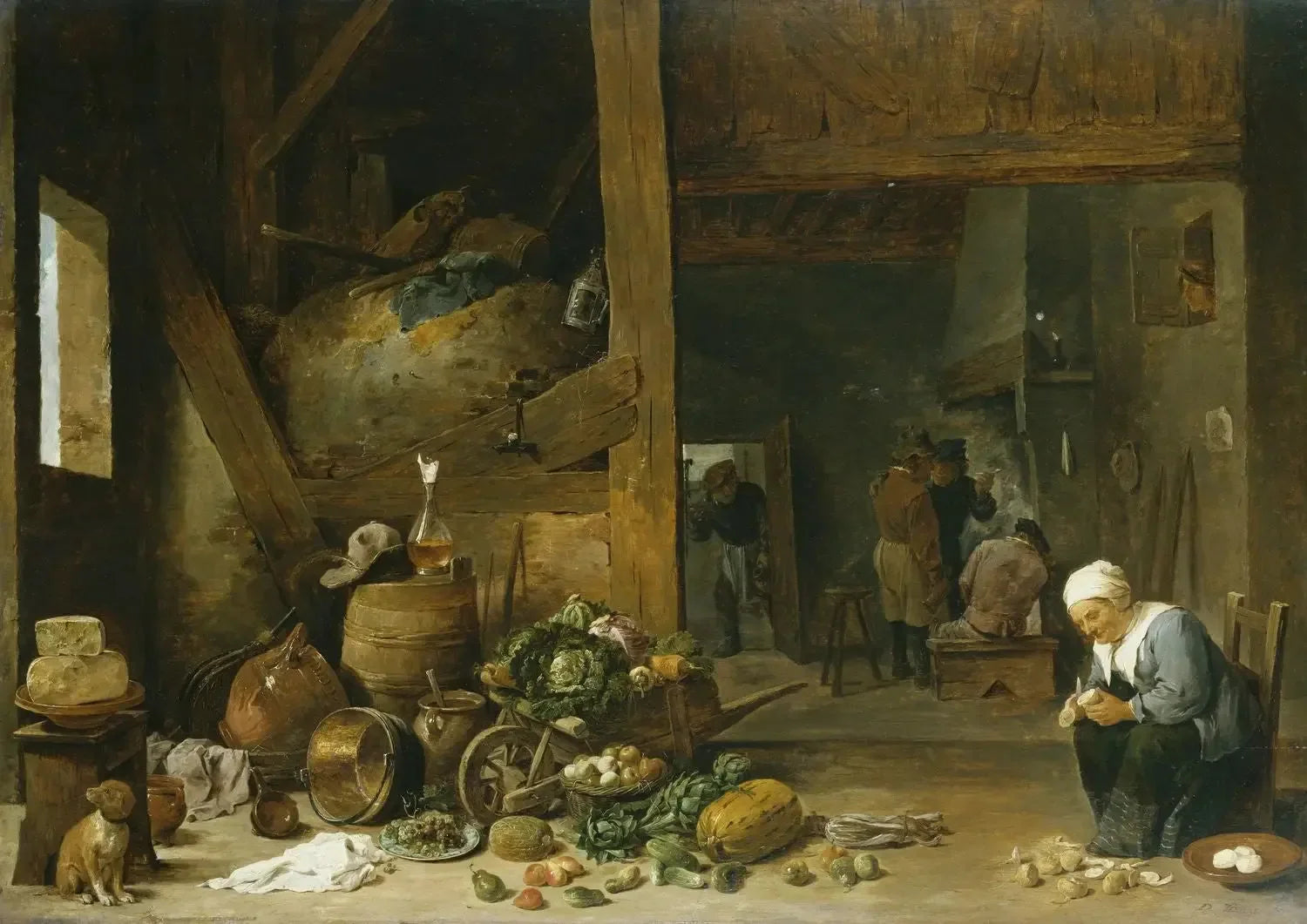 L'intérieur d'une cuisine avec une vieille femme épluchant des navets - David Teniers le Jeune image 1 reproduction d’œuvre d’art à l’huile
