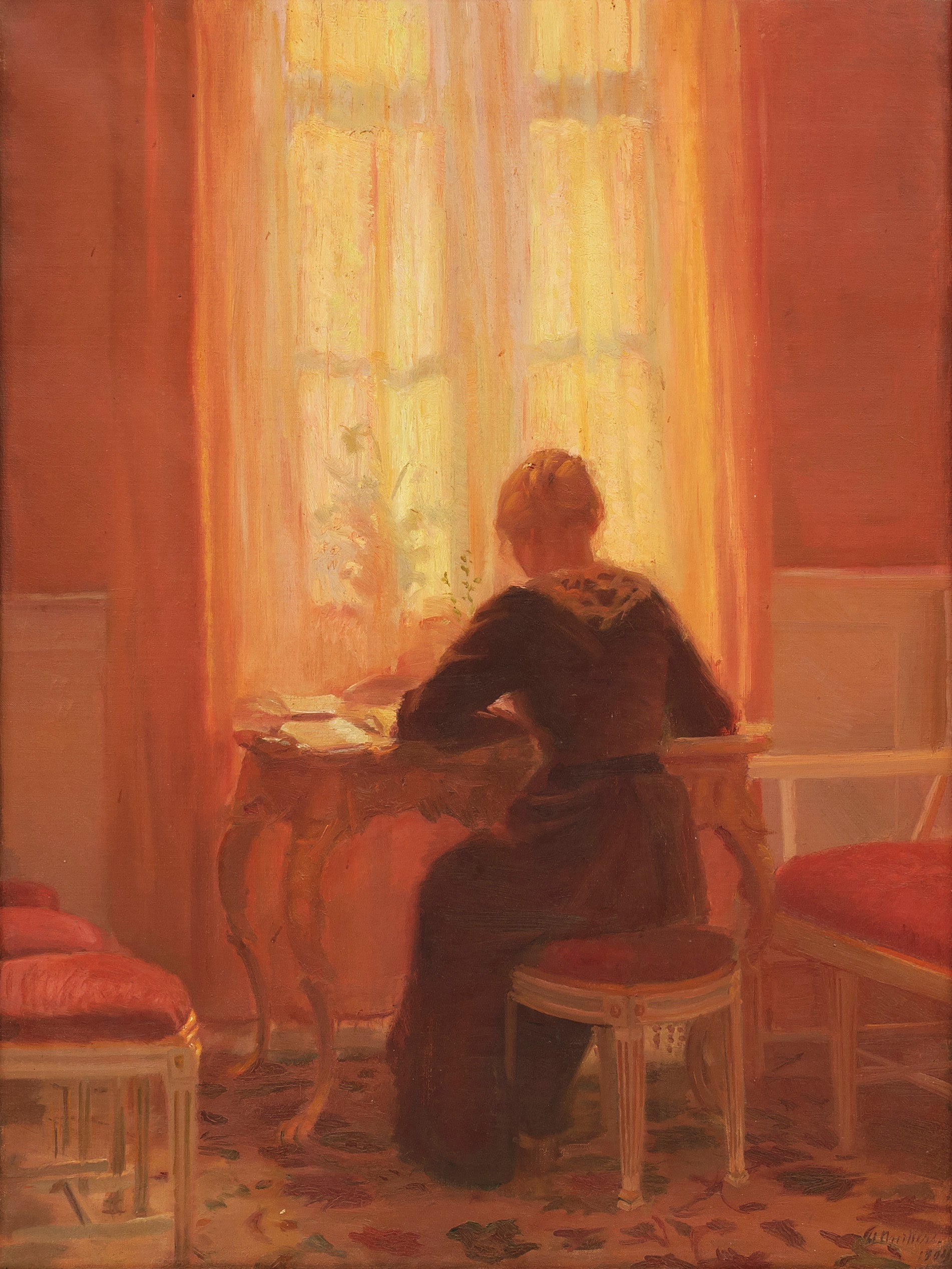 La chambre rouge - Intérieur avec Helga, la fille de l'artiste. - Anna Ancher image 1 reproduction de peinture à l’huile