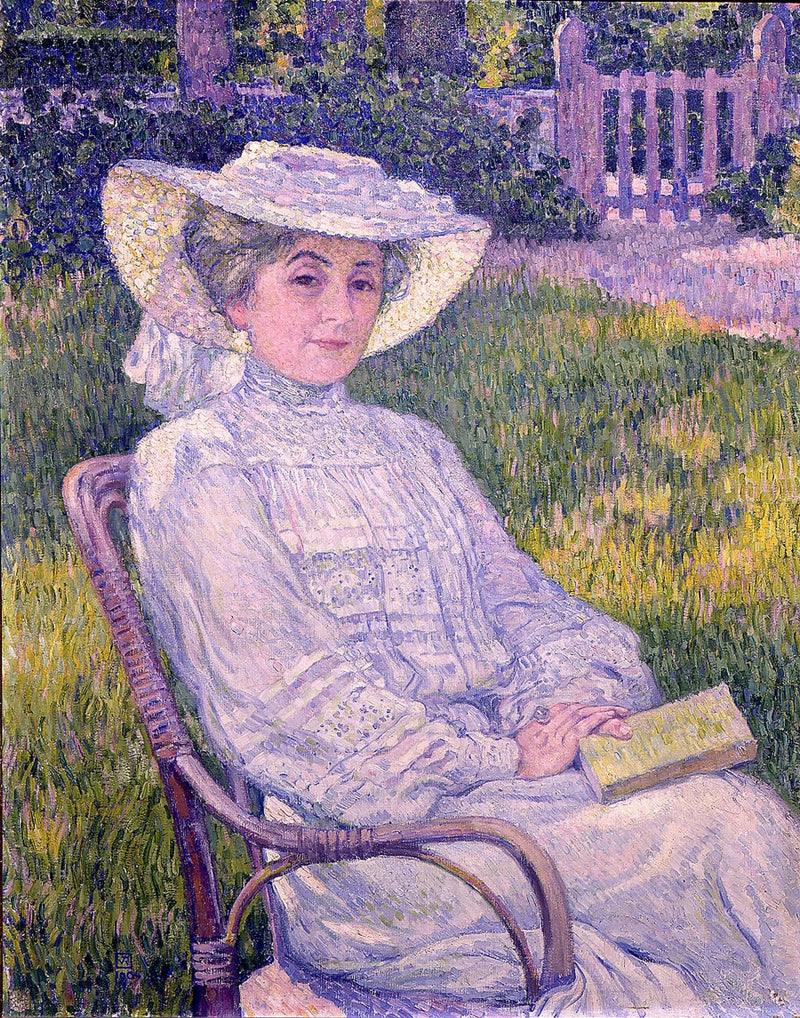 ผู้หญิงในชุดขาวอ่านหนังสือในสวนที่ Mortgat - Théodore van Rysselberghe
