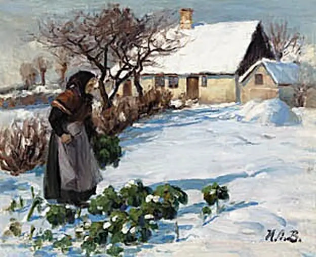 La femme d'un fermier récoltant du chou dans le jardin en hiver. - H. A. Brendekilde image 1 copie de tableau peinte à la main
