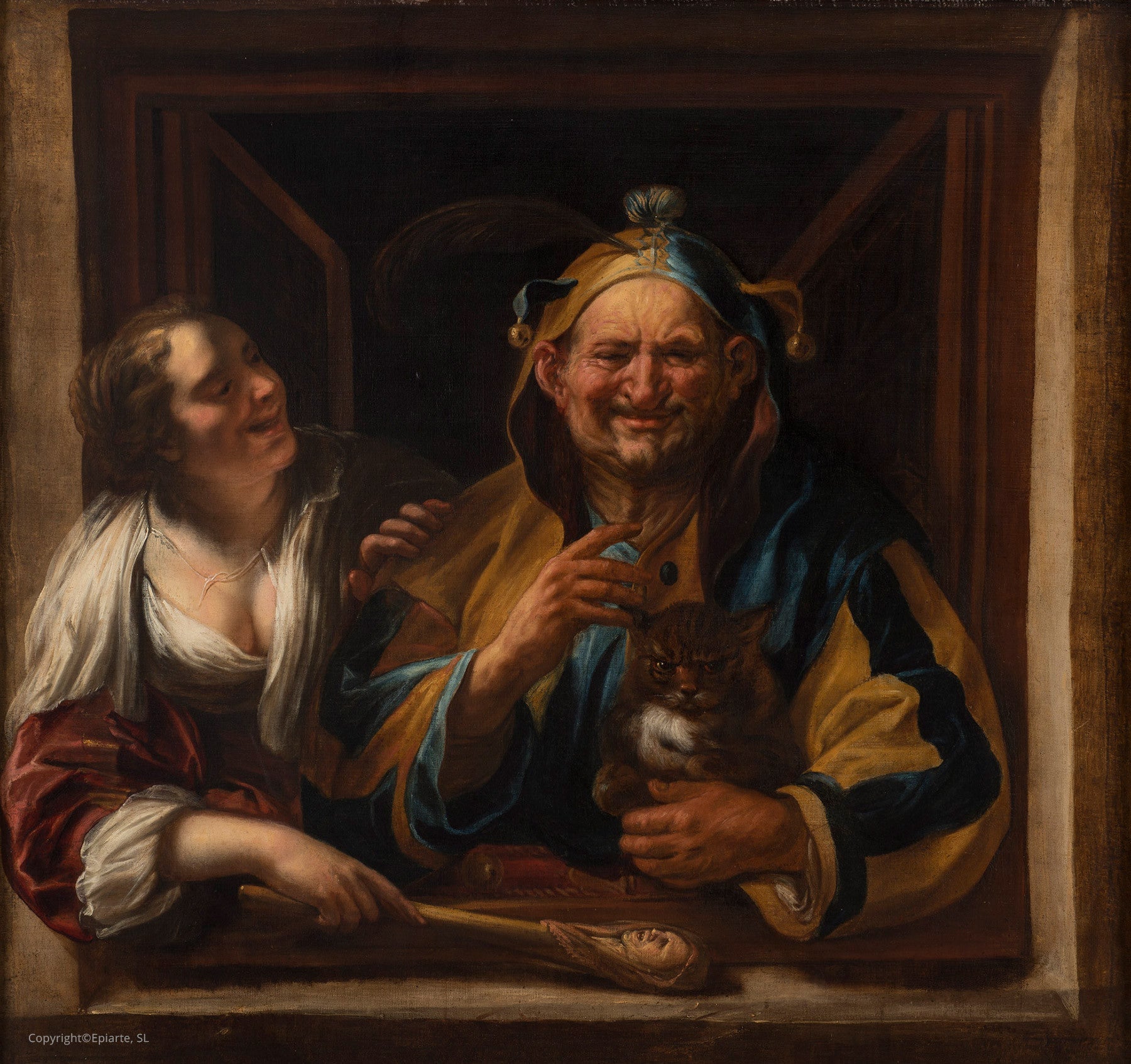 La femme, le fou et son chat - Jacob Jordaens image 1 reproduction de peinture à l’huile