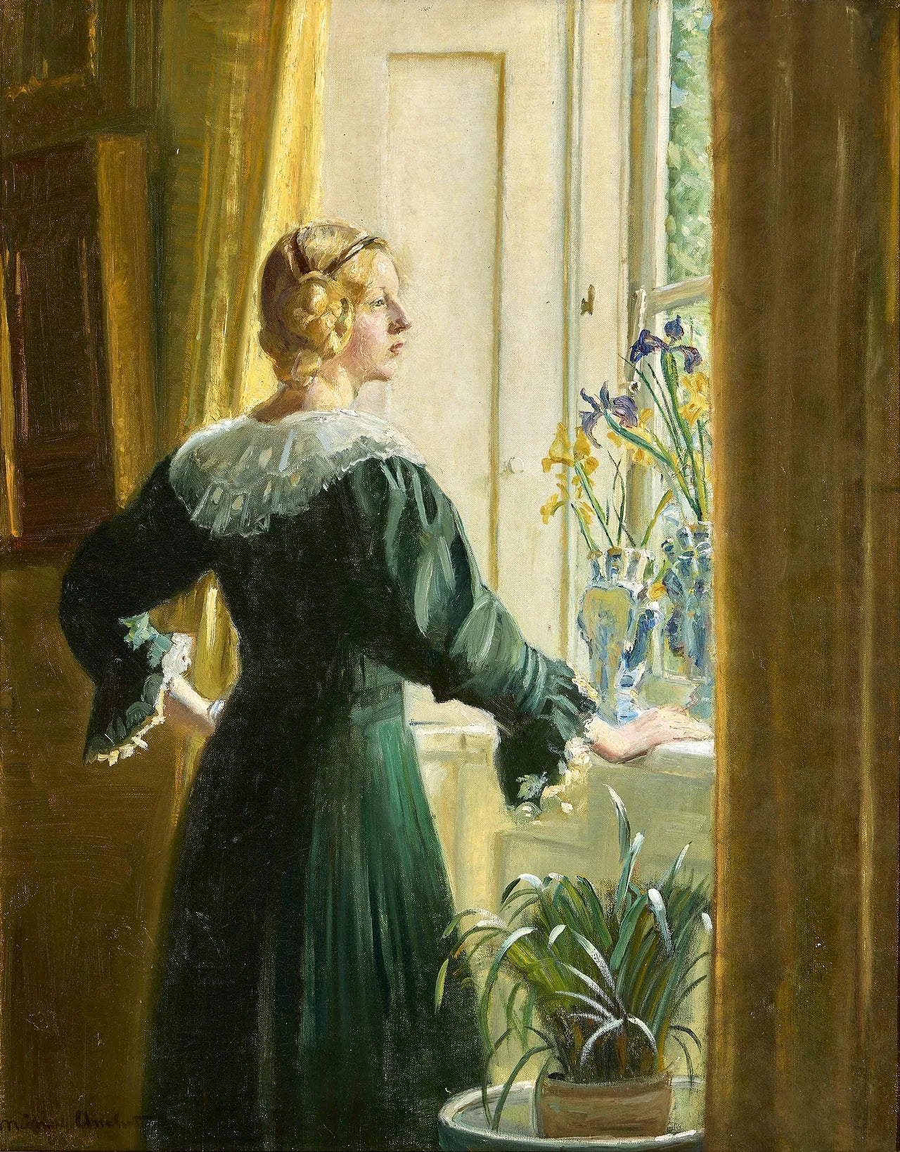 La fille de l'artiste, Helga Ancher, debout près d'une fenêtre ensoleillée. - Michael Peter Ancher image 1 copie de tableau peinte à la main