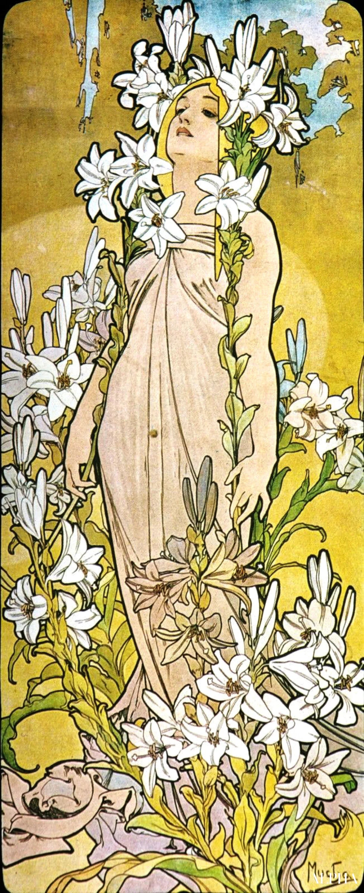 Reproduction du tableau « La fleur : Lys - Mucha » par Alpha Reproduction en peinture à l’huile