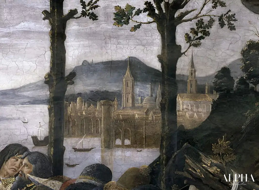 La Purification du lépreux et la Tentation du Christ, dans la Chapelle Sixtine : détail d'une ville portuaire imaginaire dans un paysage, fresque de 1481 de Sandro Botticelli - Reproductions de tableaux et peintures haut de gamme