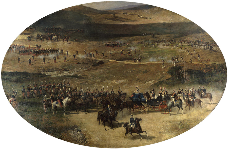 La reine Marie-Christine et sa fille, Isabelle II, passent en revue les batteries d'artillerie défendant Madrid en 1837. - Mariano Fortuny Marsal image 1 reproduction de peinture à l’huile