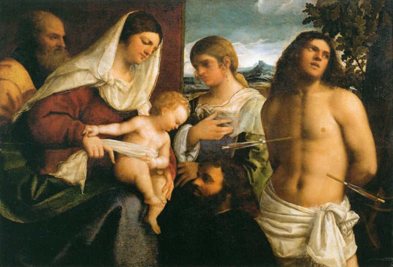 ครอบครัวศักดิ์สิทธิ์พร้อมกับนักบุญ Catherine, นักบุญ Sébastien และผู้บริจาค - Sebastiano del Piombo