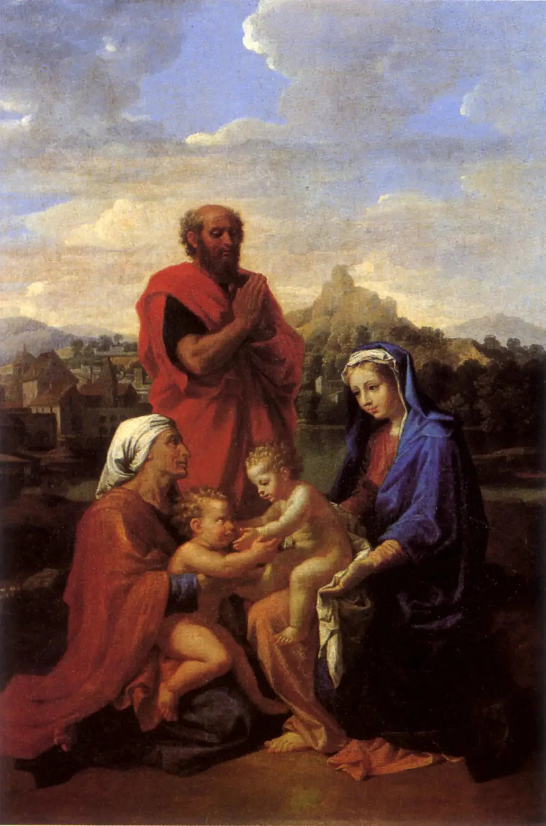 La Sainte Famille avec saint Jean, sainte Elisabeth et saint Joseph priant - Nicolas Poussin image 1 copie peinte à la main à l’huile