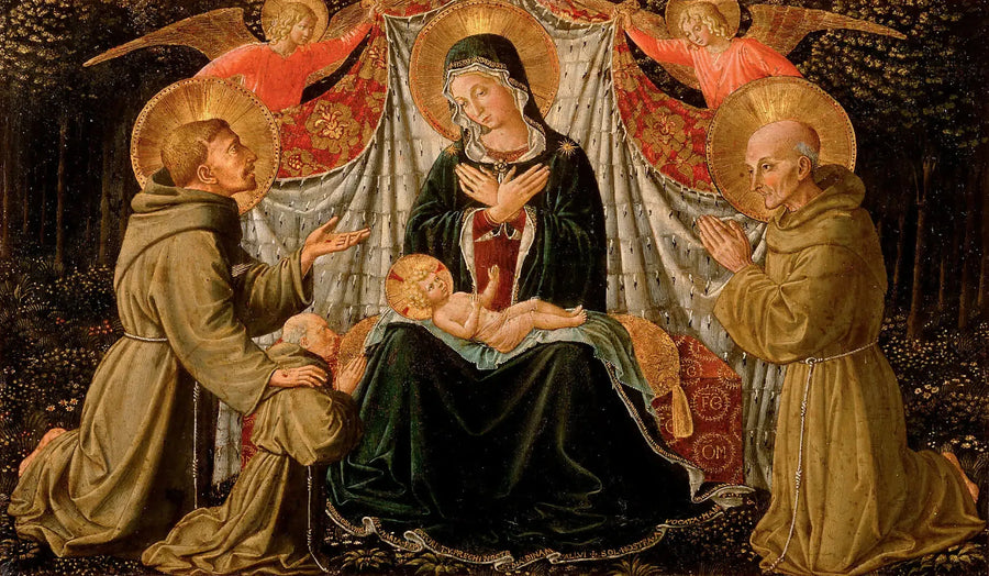 La Vierge à l'Enfant avec saint François et le donateur Père Jacopo da Montefalco (à gauche) et saint Bernard de Sienne (à droite) - Benozzo Gozzoli image 1 reproduction réalisée par Alpha Reproduction