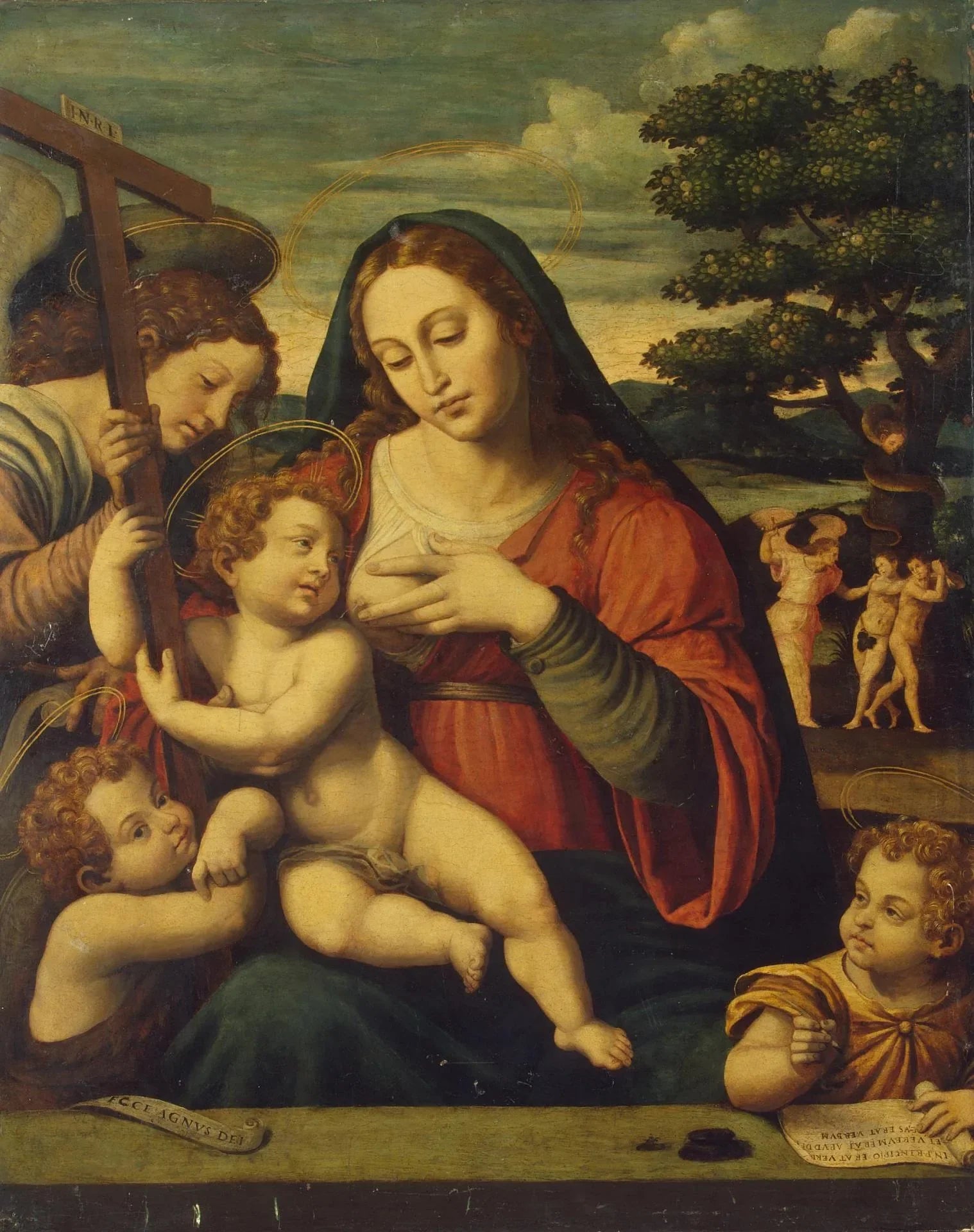 La Vierge à l'Enfant avec saint Jean-Baptiste, saint Jean l'Évangéliste et un ange - Juan de Juanes image 1 tableau peint à l’huile sur toile