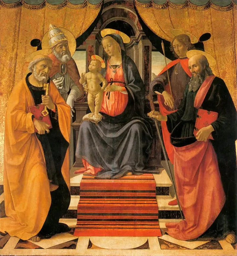 พระแม่มารีย์กับพระเยซูในพระแท่นประทับพร้อมนักบุญ - Domenico Ghirlandaio