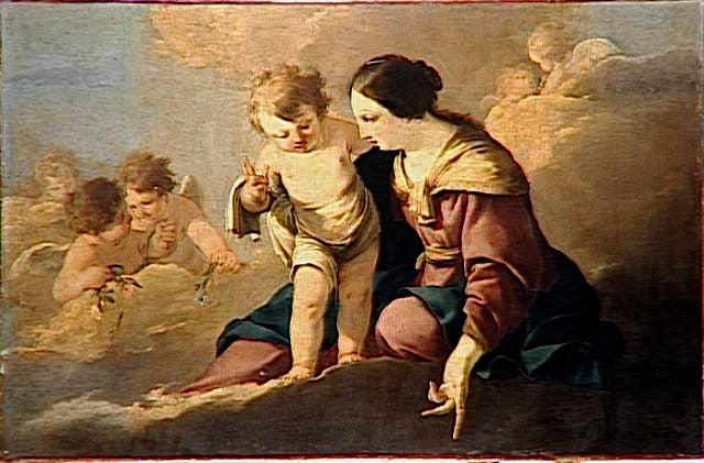La Vierge et l'enfant apparaissant dans le ciel au milieu d'angelots - Laurent de La Hyre image 1 reproduction artisanale de tableau