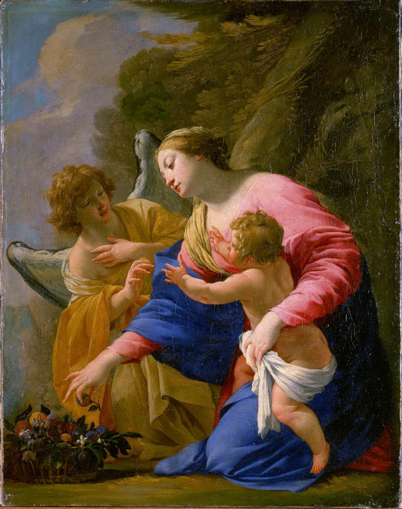 พระแม่มารีและเด็กในตะกร้าผลไม้พร้อมเทวดาในทิวทัศน์ - Simon Vouet