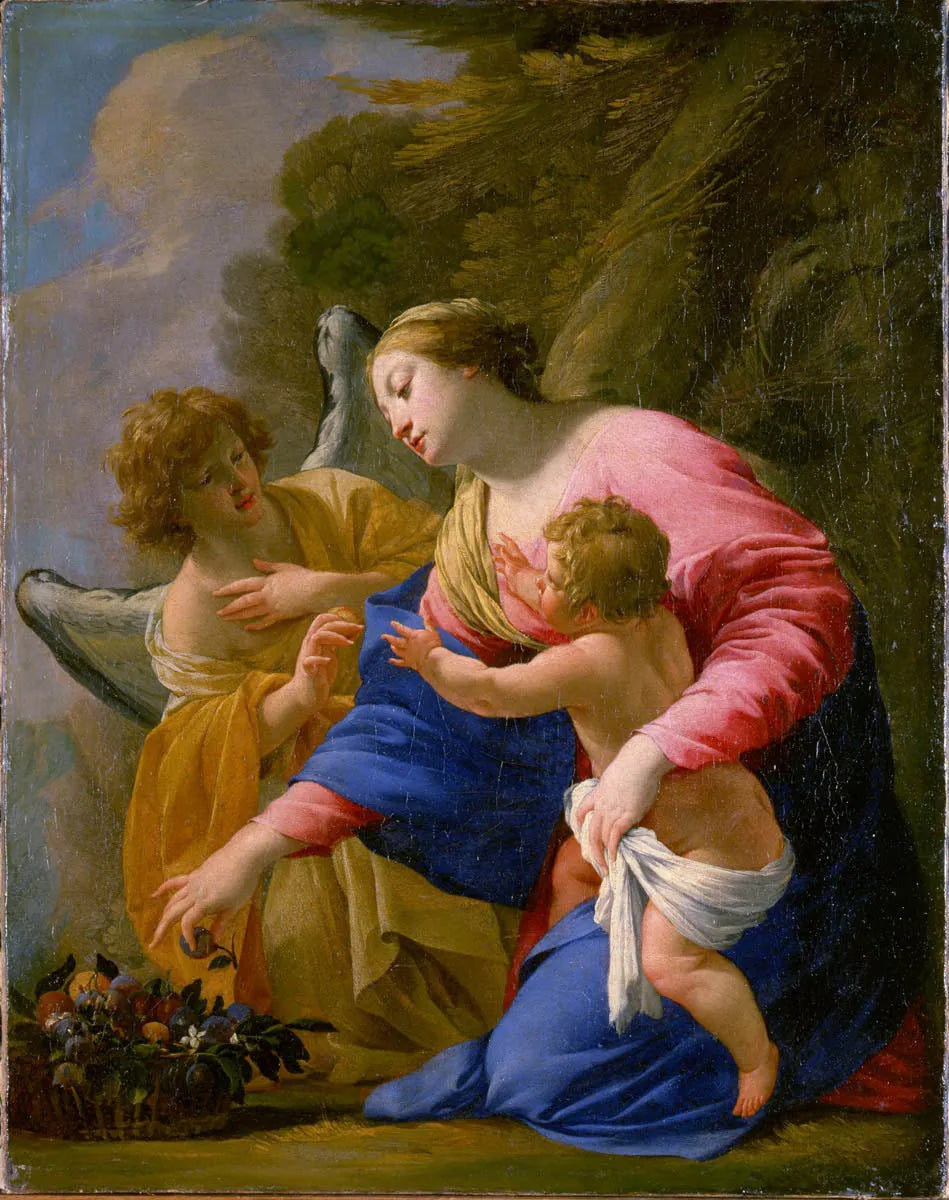 La Vierge et l'enfant au panier de fruits avec un ange dans un paysage - Simon Vouet image 1 reproduction de peinture à l’huile