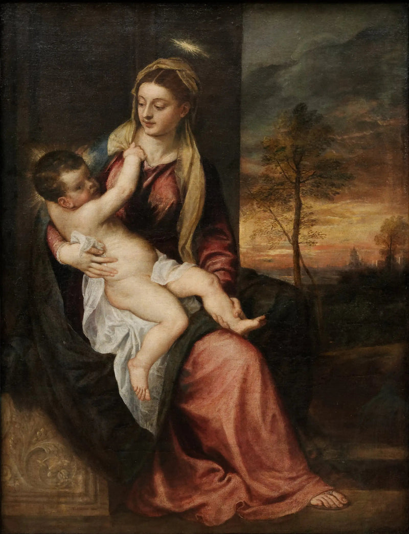 พระแม่มารีและพระกุมารในทิวทัศน์ยามเย็น - Titian