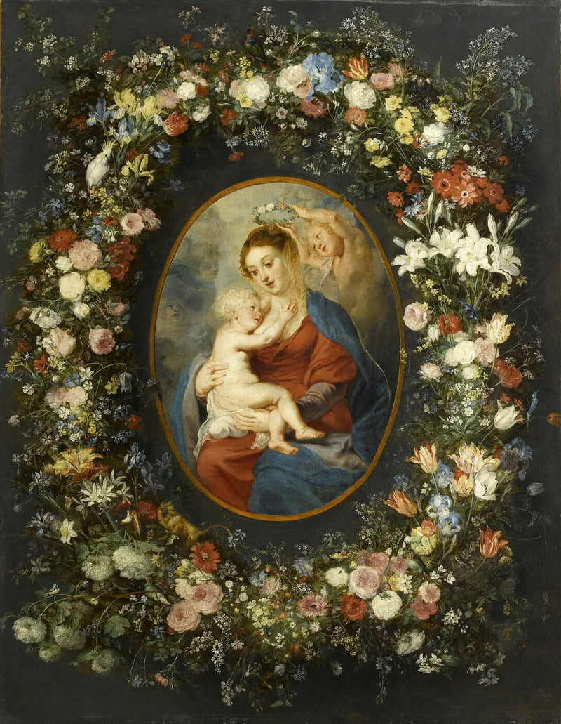 La Vierge, l'enfant Jésus et un ange au milieu d'une guirlande de fleurs - Jan Brueghel l'Ancien
