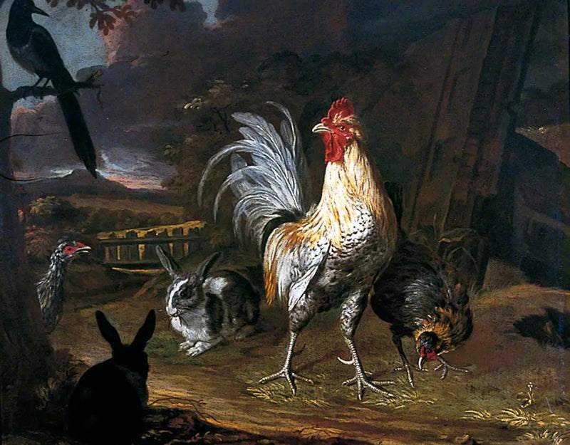 กระต่าย ไก่ตัวผู้ และไก่ตัวเมียบนพื้นหลังทิวทัศน์ - Melchior de Hondecoeter