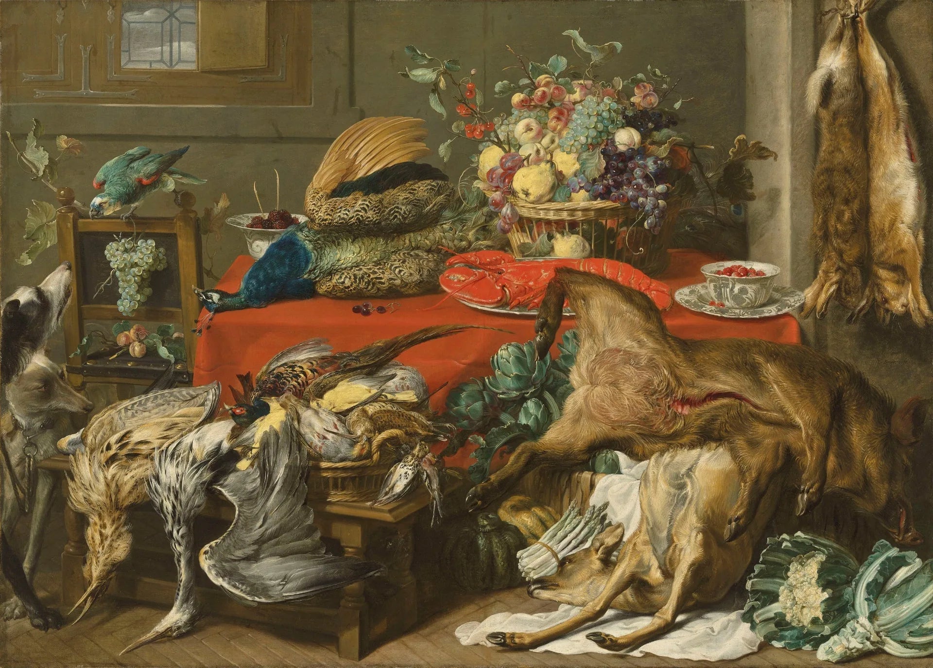 Larder with a draped table laden with game, a lobster, vegetables and fruit in a basket, and kraak porcelain, with a parrot and two hounds - Frans Snyders image 1 copie de tableau peinte à la main
