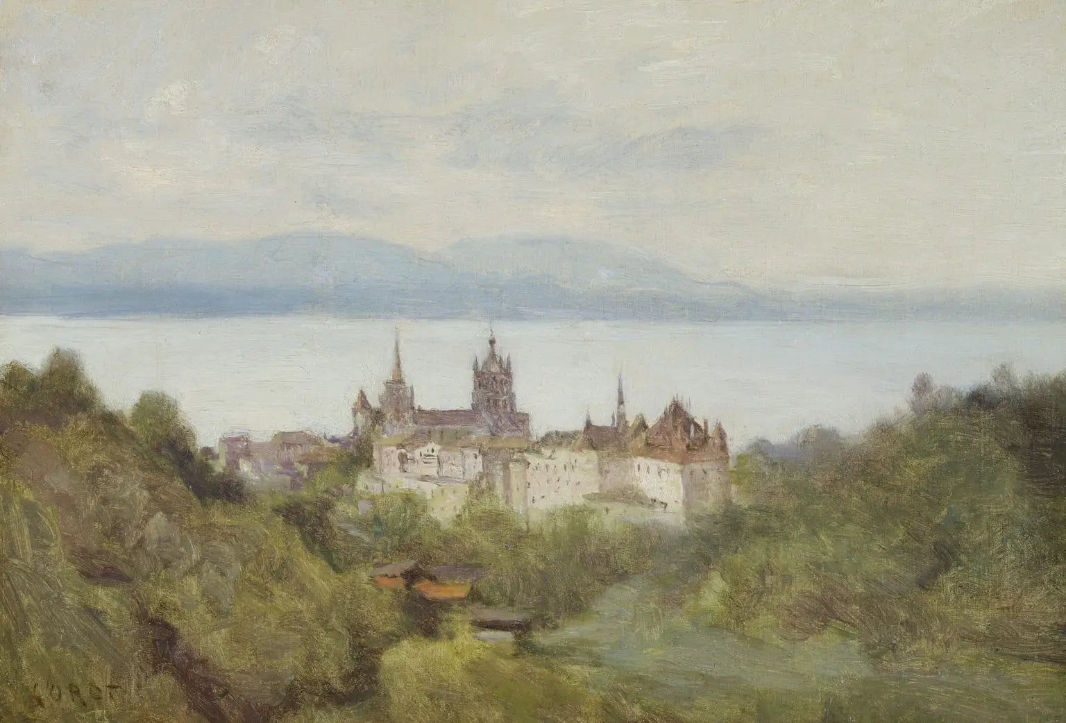 Lausanne et le lac Léman, juillet 1842 - Jean-Baptiste Camille Corot image 1 reproduction de peinture à l’huile
