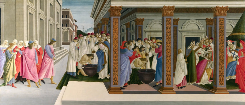 พิธีอาบน้ำศักดิ์สิทธิ์ของ Zénobe และการอุปสมบทเป็นพระสังฆราช - Sandro Botticelli