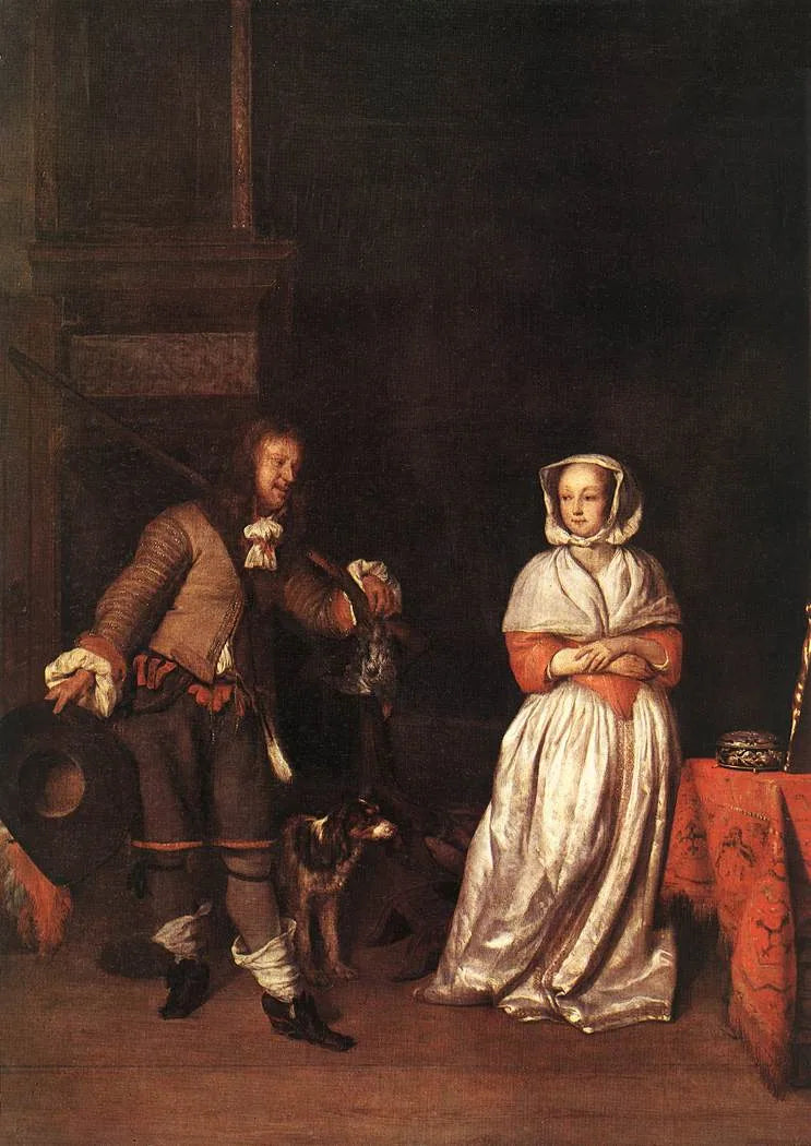 Le chasseur et une femme - Gabriel Metsu image 1 reproduction artisanale de tableau