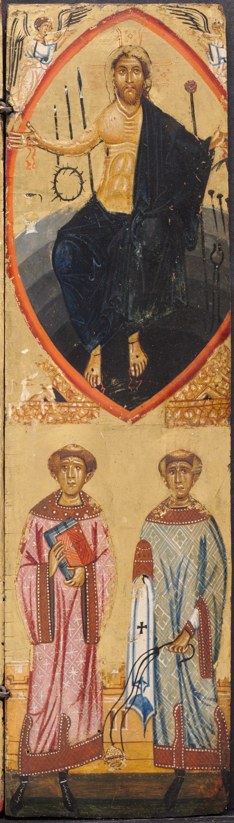 Le Christ dans une mandorle avec les instruments de la Passion avec saint Étienne et saint Laurent en dessous