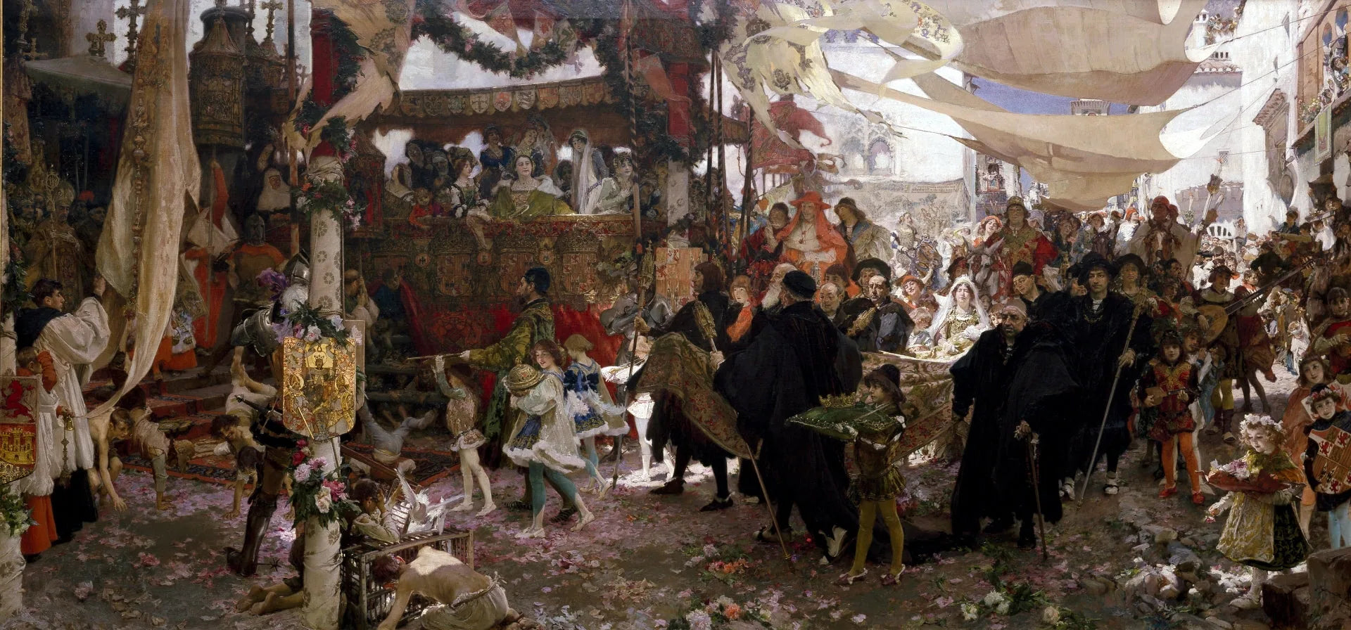 Le cortège du baptême du prince Juan, fils des Rois Catholiques, à travers les rues de Séville - Francisco Pradilla y Ortiz image 1 copie peinte à la main à l’huile