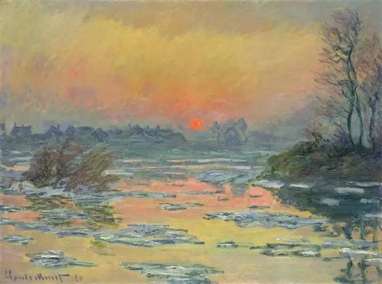 พระอาทิตย์ตกดินบนแม่น้ำแซนในฤดูหนาว - Claude Monet
