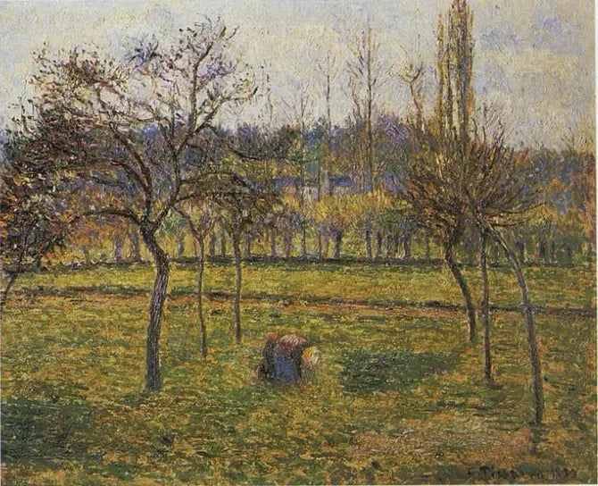 Le fond du pré à Éragny avec une femme ramassant de l'herbe - Camille Pissarro image 1 reproduction artisanale de tableau