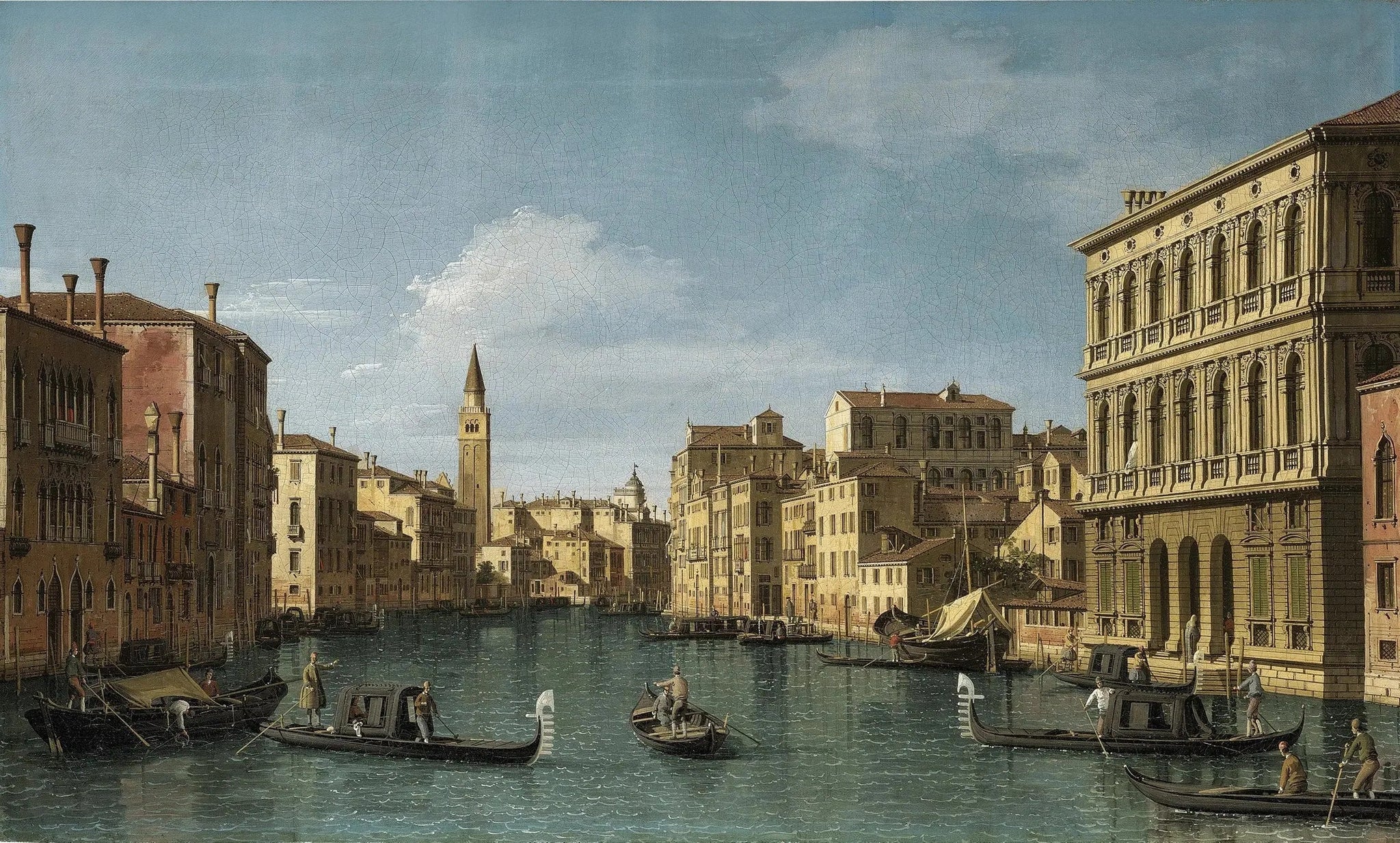 Le Grand Canal, Venise, vue nord-ouest depuis la Ca' Corner jusqu'à la Ca' Contarini degli Scrigni, avec le campanile de Santa Maria della Carità - Canaletto image 1 copie peinte à la main à l’huile