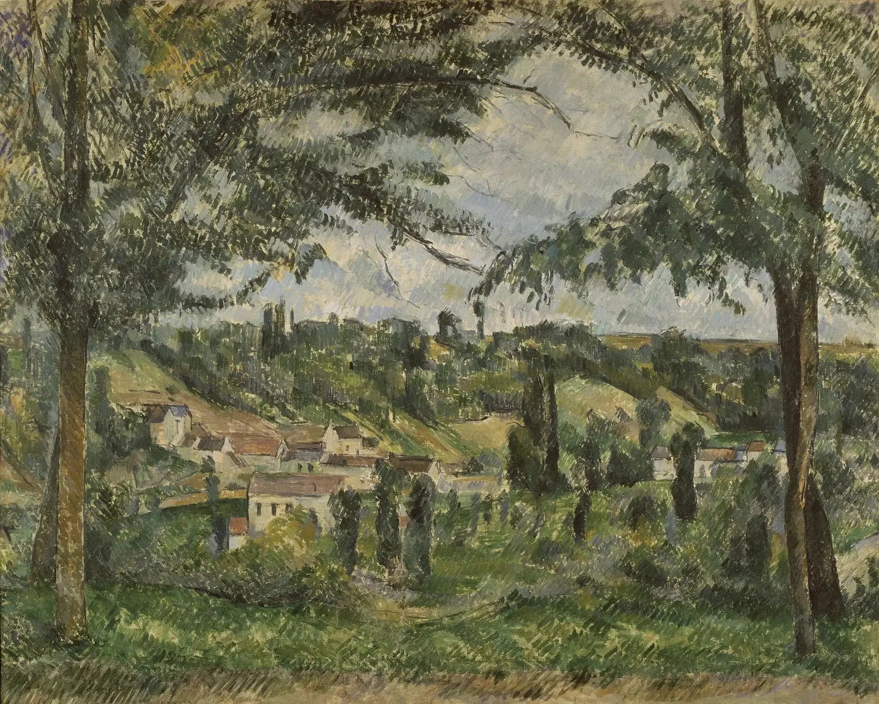 Le Hameau des Pâtis à Pontoise, encadré par des arbres - Paul Cézanne image 1 reproduction artisanale de tableau