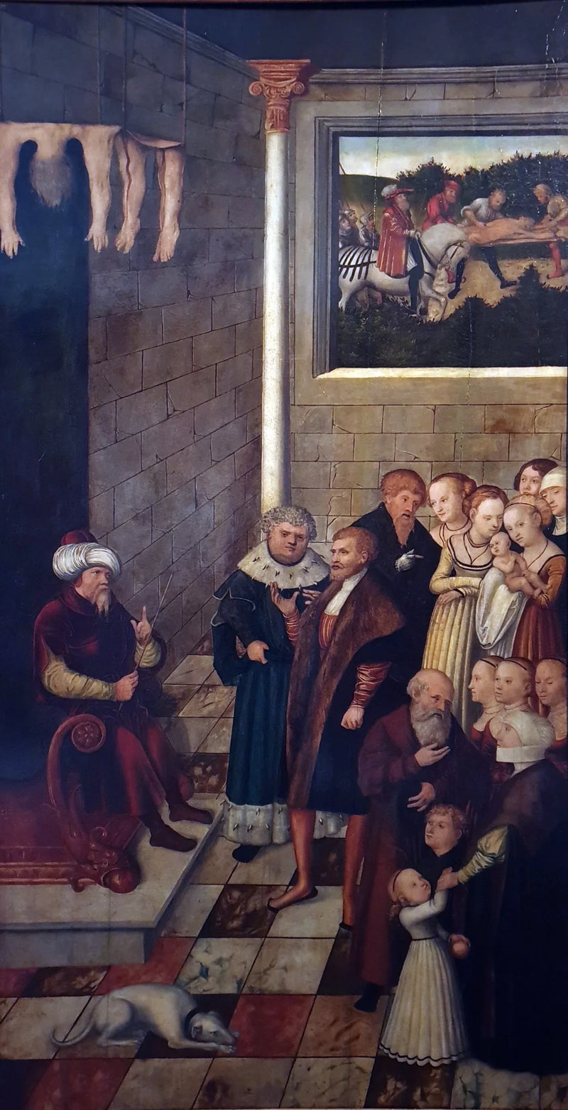 การพิพากษาของคัมบิส (แผงตัวอย่างของผู้เลือก Joachim II) - ลูคัส ครานัช ผู้เก่า