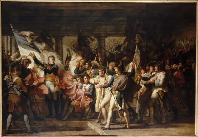 Le maréchal Ney remet leurs drapeaux aux soldats du 76e régiment de ligne, 7 novembre 1805 - Charles Meynier image 1 copie peinte à la main à l’huile