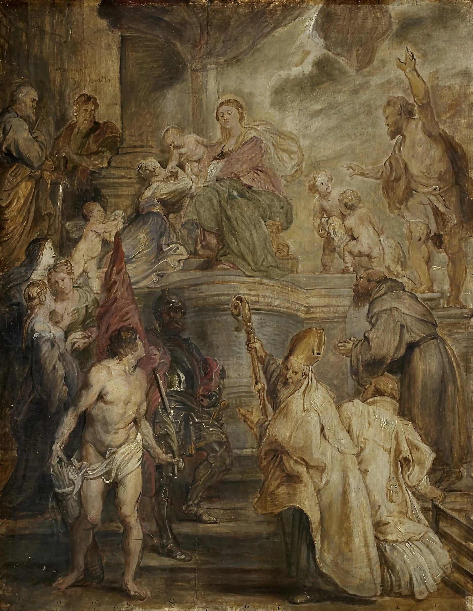 Le Mariage mystique de sainte Catherine (Croquis en couleurs pour l'autel de l'église des Pères Augustins à Anvers), verso : Deux batailles de cavalerie - Peter Paul Rubens image 1 reproduction d’œuvre d’art à l’huile