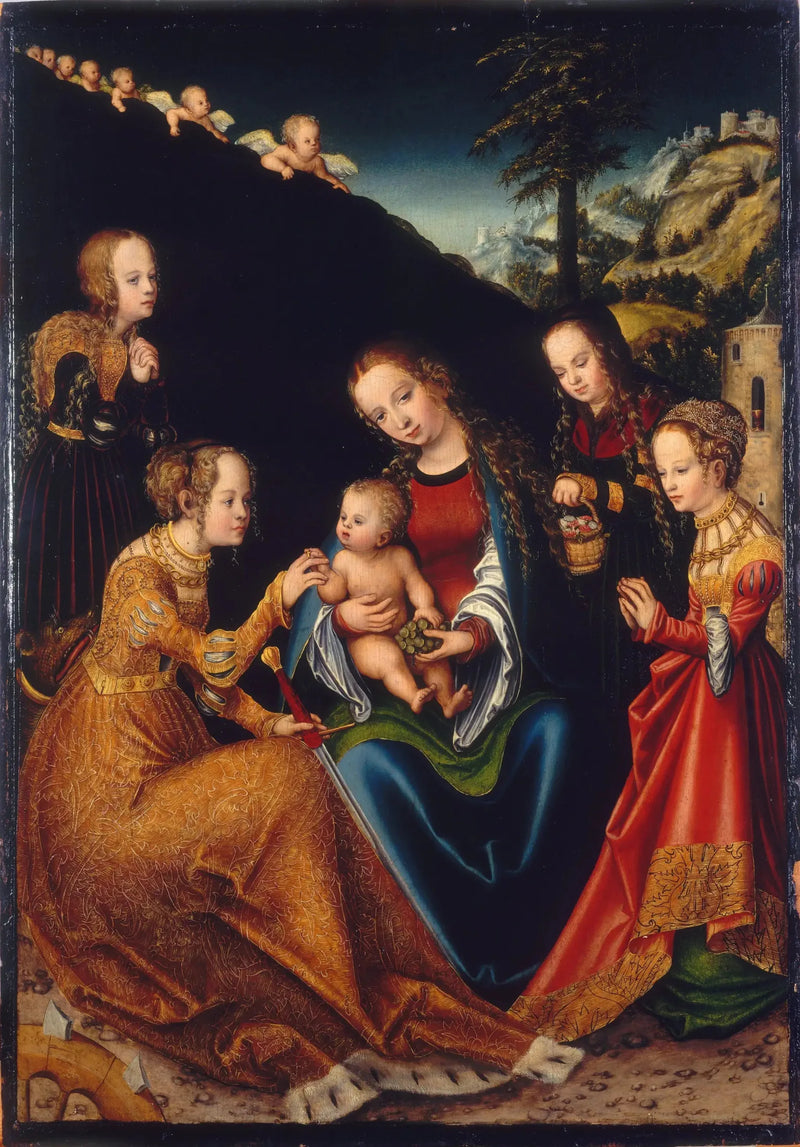 การสมรสลึกลับของนักบุญ Catherine แห่ง Alexandria กับนักบุญ Dorothée, Marguerite และ Barbara - Lucas Cranach the Elder