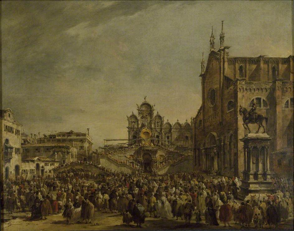 Le pape Pie VI bénissant la foule au Campo SS Giovanni e Paolo, Venise - Francesco Guardi image 1 tableau peint à l’huile sur toile