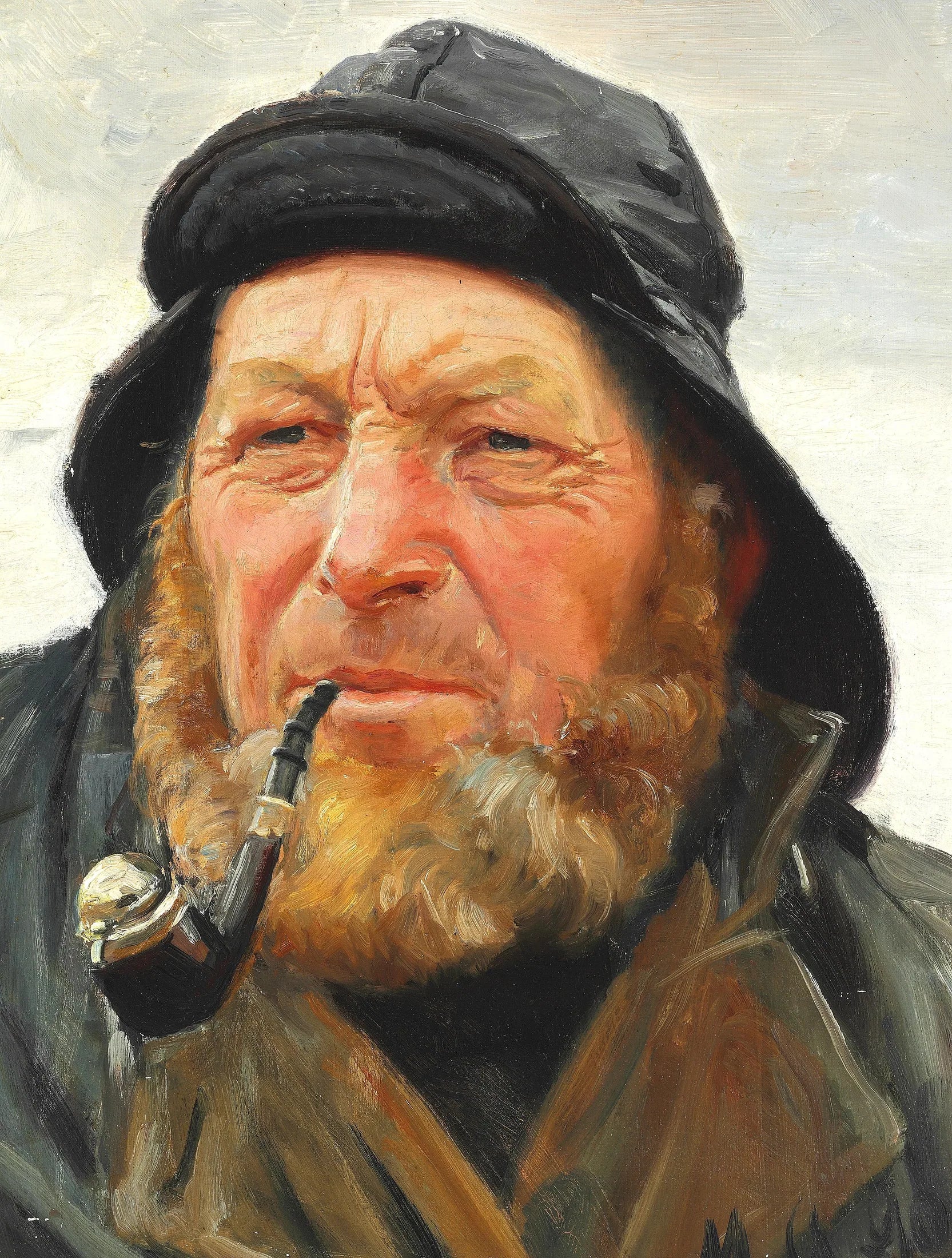 Le pêcheur Ole Svendsen de Skagen, coiffé d'un ciré et fumant la pipe. - Michael Peter Ancher image 1 reproduction de peinture à l’huile