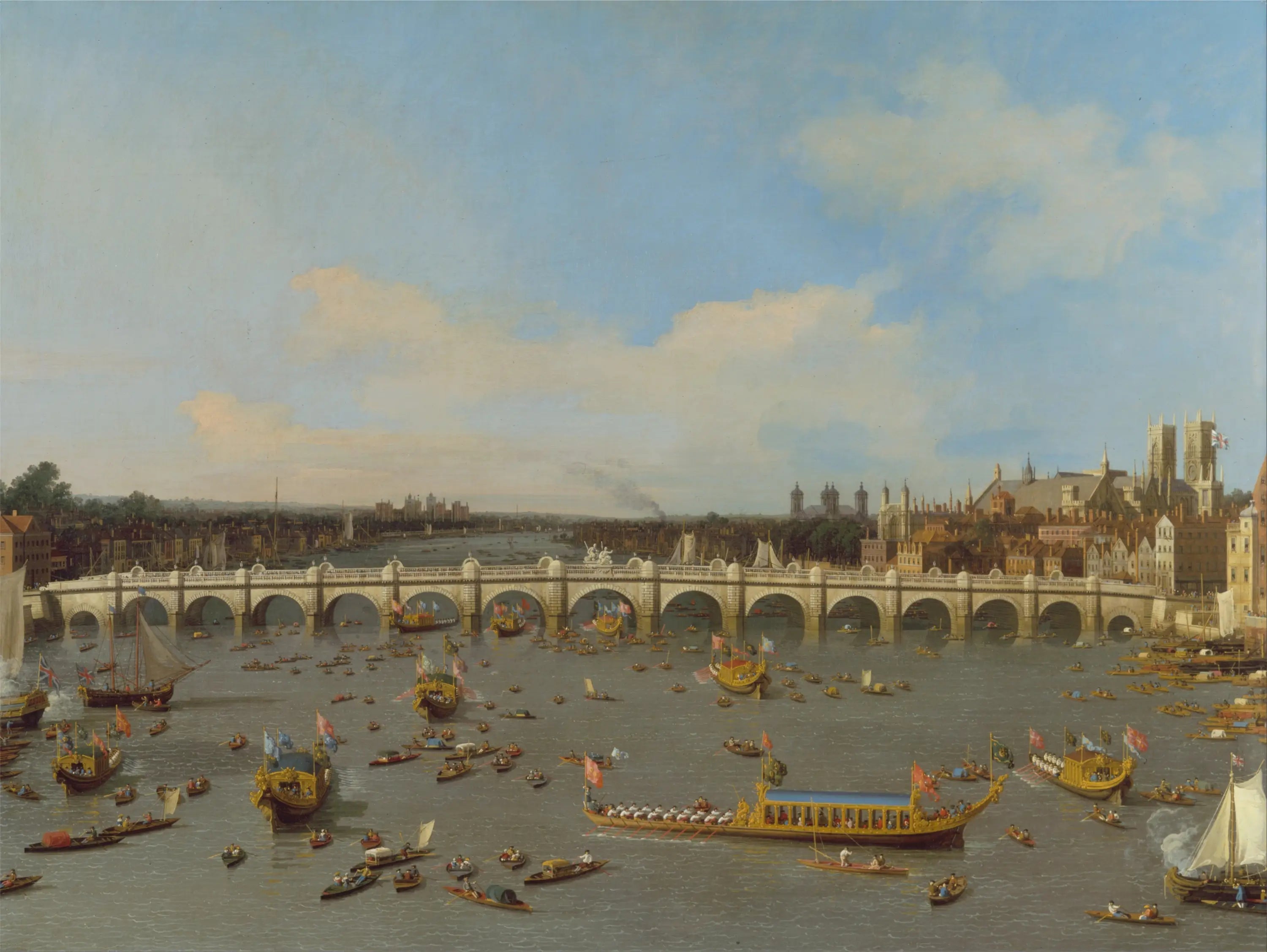Le Pont de Westminster, avec la procession du Lord-maire sur la Tamise - Canaletto image 1 reproduction artisanale de tableau