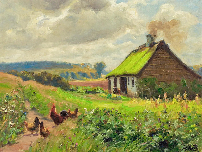 ฤดูใบไม้ผลิกับบ้าน ผู้หญิง และไก่ - H. A. Brendekilde