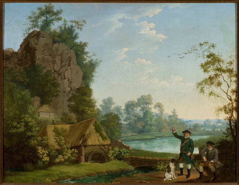 นักล่าใกล้โรงสี พร้อมวิวของ Creswell Crags - จอร์จ สแต็บส์