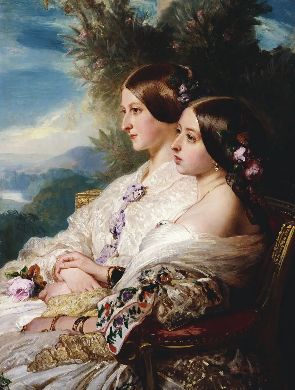 Les cousines : la reine Victoria et Victoire, duchesse de Nemours - Franz Xaver Winterhalter image 1 reproduction artisanale de tableau