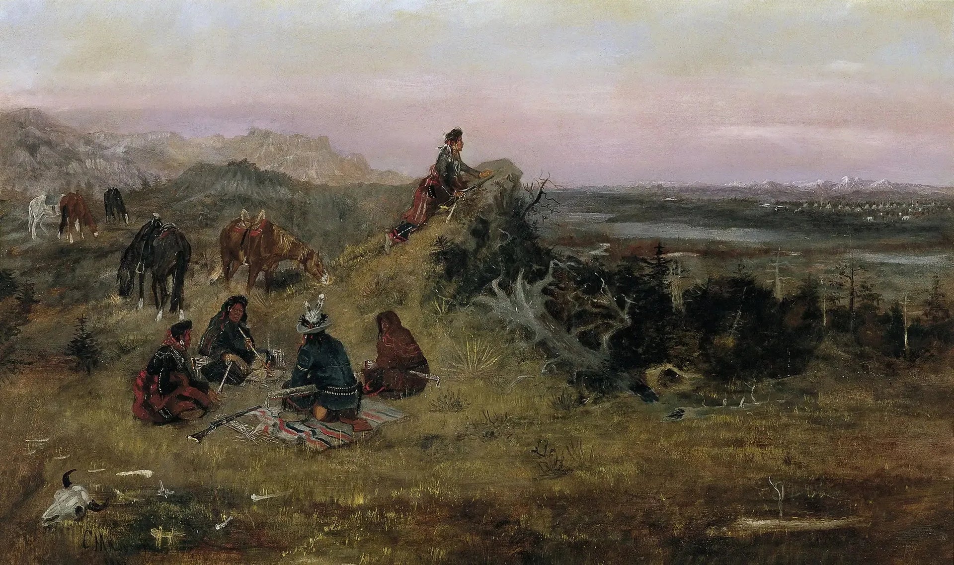 Les Piégans se préparent à voler les chevaux des corbeaux - Charles Marion Russell image 1 copie de tableau peinte à la main