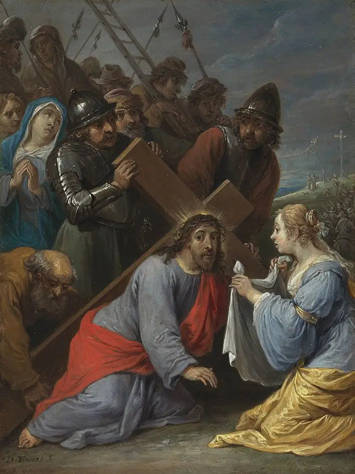 Les quinze secrets du rosaire : le portement de la croix par le Christ avec la rencontre avec Véronique - David Teniers le Jeune image 1 copie peinte à la main à l’huile