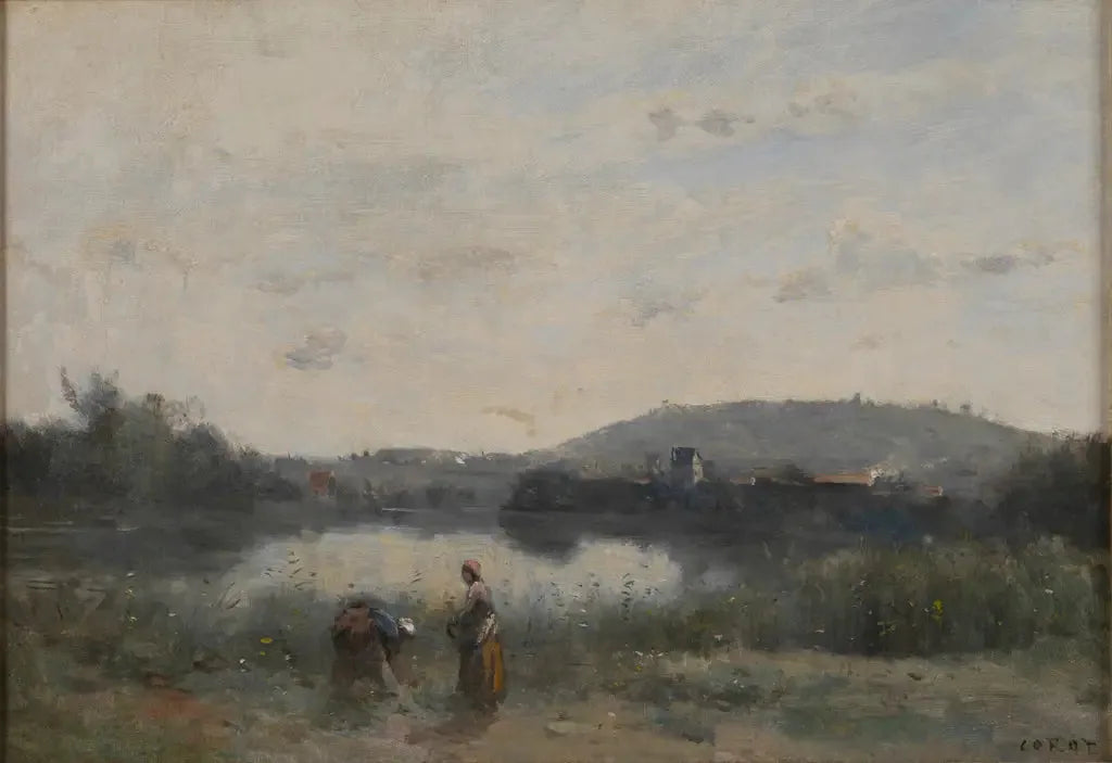 Les rives d'une rivière dominées au loin par des collines - Jean-Baptiste Camille Corot image 1 reproduction de peinture à l’huile