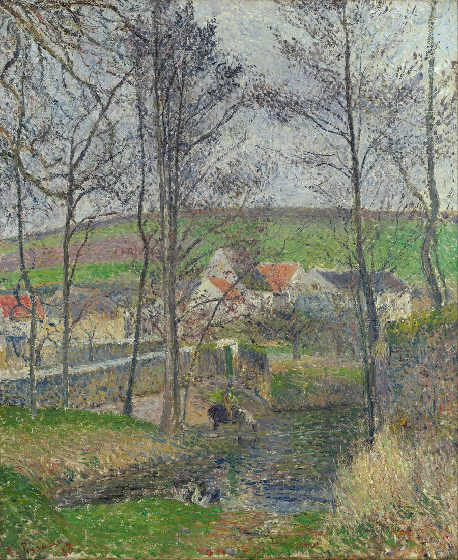 ริมฝั่งของ Viosne ที่ Osny ในสภาพอากาศที่มีเมฆหมอก, ฤดูหนาว - Camille Pissarro