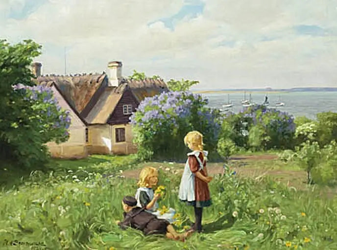 L’été au fjord de Roskilde les enfants fabriquent des couronnes de fleurs. - H. A. Brendekilde - Alpha Reproduction